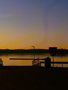 Preview wallpaper pier, lake, trees, evening, dark