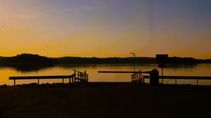 Preview wallpaper pier, lake, trees, evening, dark