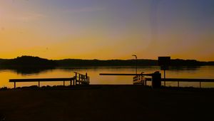 Preview wallpaper pier, lake, trees, evening, dark