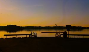 Preview wallpaper pier, lake, trees, evening, dark