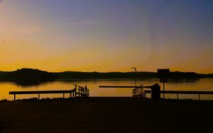 Preview wallpaper pier, lake, trees, evening, dark