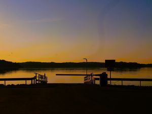 Preview wallpaper pier, lake, trees, evening, dark