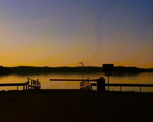 Preview wallpaper pier, lake, trees, evening, dark