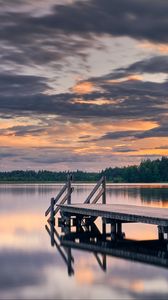 Preview wallpaper pier, lake, trees, reflection, twilight