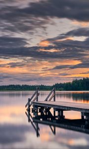 Preview wallpaper pier, lake, trees, reflection, twilight