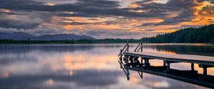 Preview wallpaper pier, lake, trees, reflection, twilight