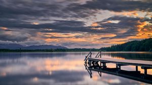 Preview wallpaper pier, lake, trees, reflection, twilight