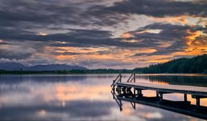 Preview wallpaper pier, lake, trees, reflection, twilight