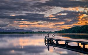 Preview wallpaper pier, lake, trees, reflection, twilight