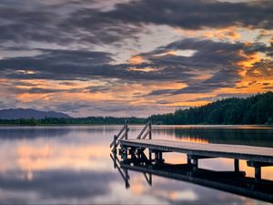 Preview wallpaper pier, lake, trees, reflection, twilight