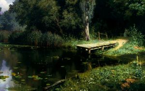Preview wallpaper pier, lake, water-lilies, trees, painting, art, polenov, overgrown pond
