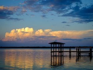 Preview wallpaper pier, lake, water, dusk
