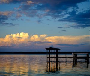 Preview wallpaper pier, lake, water, dusk
