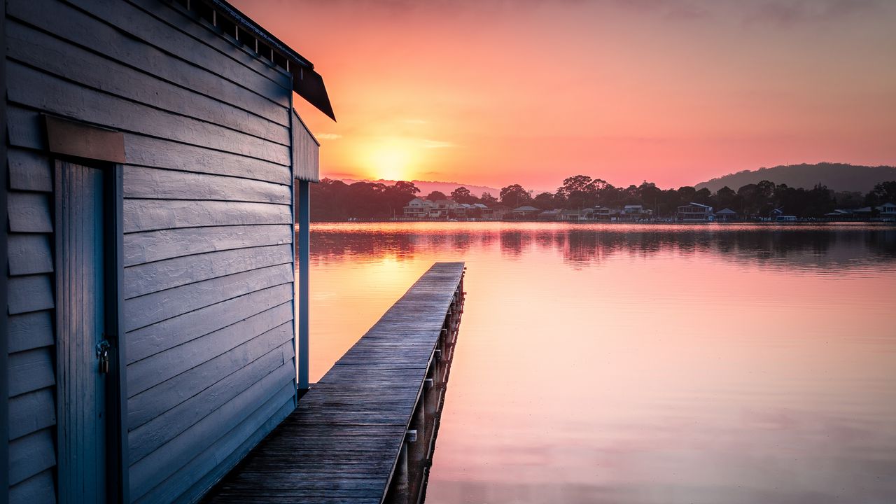 Wallpaper pier, lake, water, sun, sunset