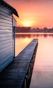 Preview wallpaper pier, lake, water, sun, sunset