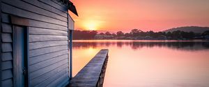 Preview wallpaper pier, lake, water, sun, sunset