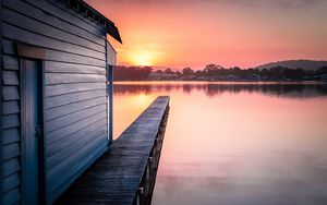Preview wallpaper pier, lake, water, sun, sunset