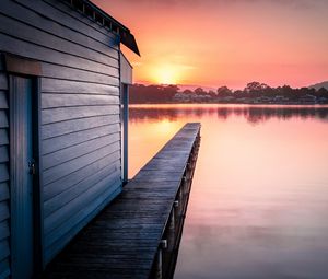 Preview wallpaper pier, lake, water, sun, sunset