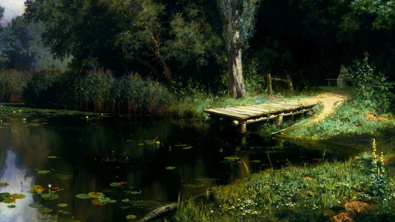 Wallpaper pier, lake, water-lilies, trees, painting, art, polenov, overgrown pond