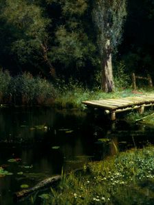 Preview wallpaper pier, lake, water-lilies, trees, painting, art, polenov, overgrown pond