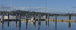 Preview wallpaper pier, lake, yachts, piles