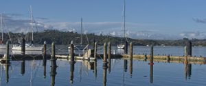 Preview wallpaper pier, lake, yachts, piles