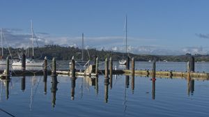 Preview wallpaper pier, lake, yachts, piles