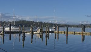 Preview wallpaper pier, lake, yachts, piles