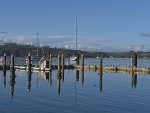 Preview wallpaper pier, lake, yachts, piles