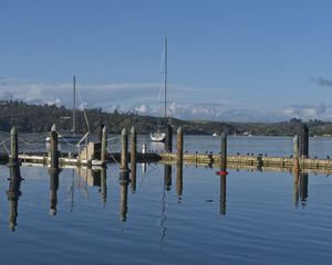 Preview wallpaper pier, lake, yachts, piles