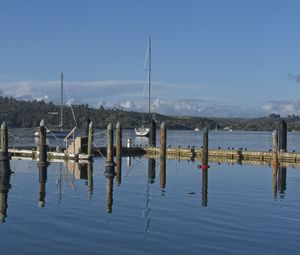 Preview wallpaper pier, lake, yachts, piles