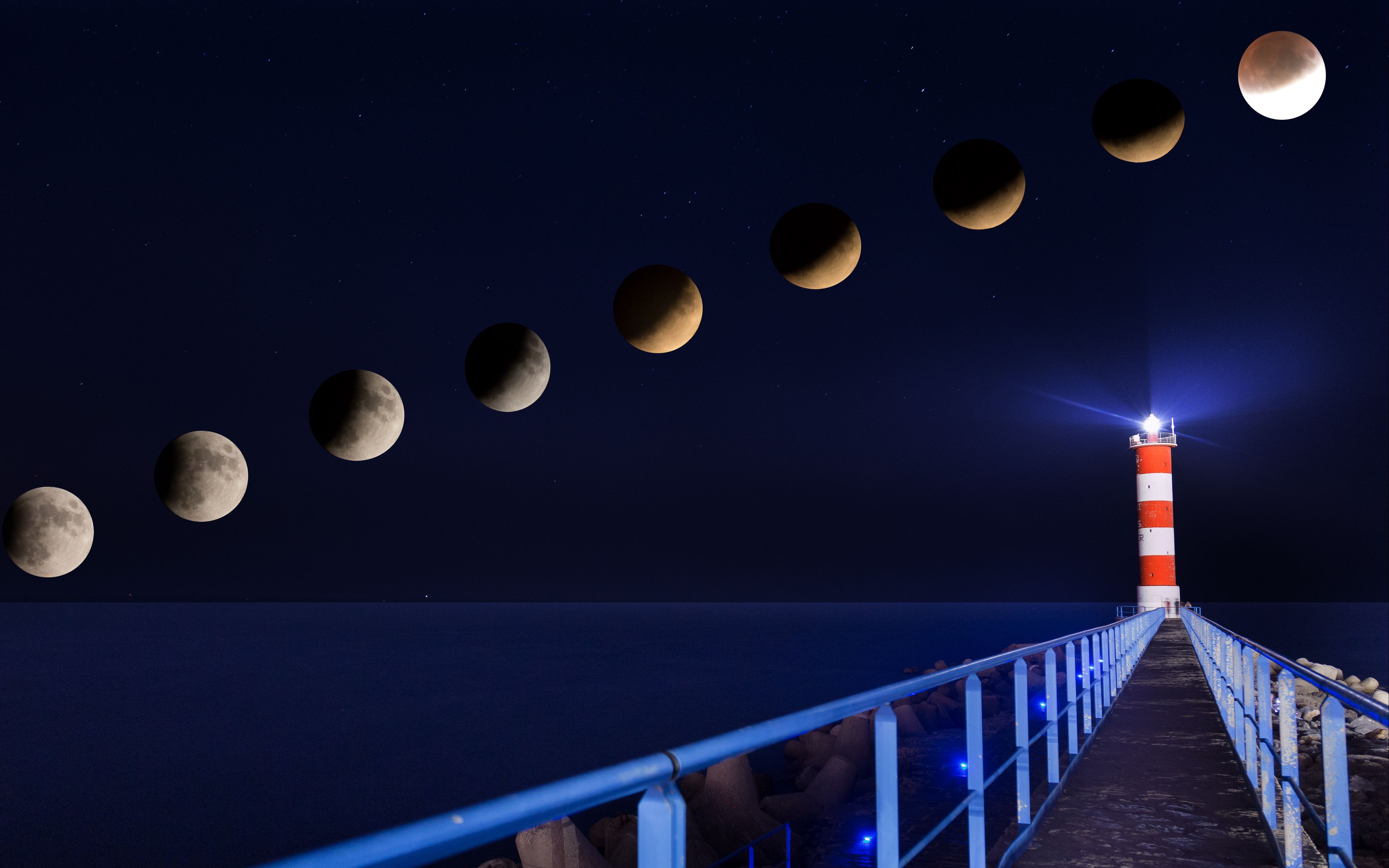 Download wallpaper 3840x2400 lighthouse, eclipse, moon, night, pier 4k