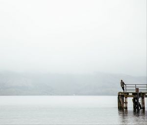 Preview wallpaper pier, man, loneliness, melancholia, lake, fog, water
