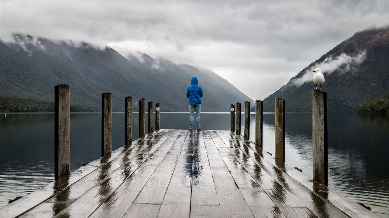Wallpaper pier, man, mountains, alone, solitude