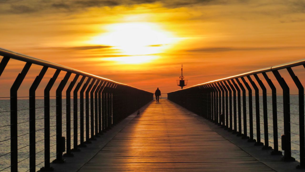 Wallpaper pier, man, silhouette, alone, sea, sunset