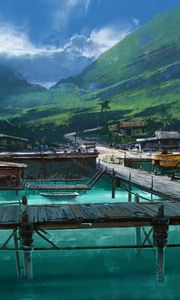 Preview wallpaper pier, mooring, huts, gulf, art