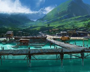 Preview wallpaper pier, mooring, huts, gulf, art