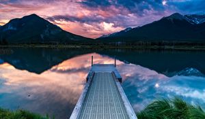 Preview wallpaper pier, mountains, lake, shore