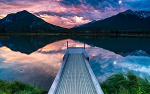 Preview wallpaper pier, mountains, lake, shore