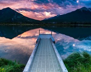 Preview wallpaper pier, mountains, lake, shore
