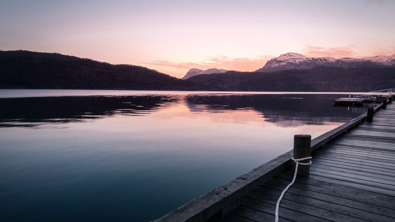 Wallpaper pier, mountains, lake, rope, sunset