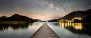 Preview wallpaper pier, mountains, lake, stars, night, dark