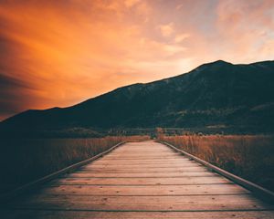 Preview wallpaper pier, mountains, sunset, boardwalk, wooden, flooring