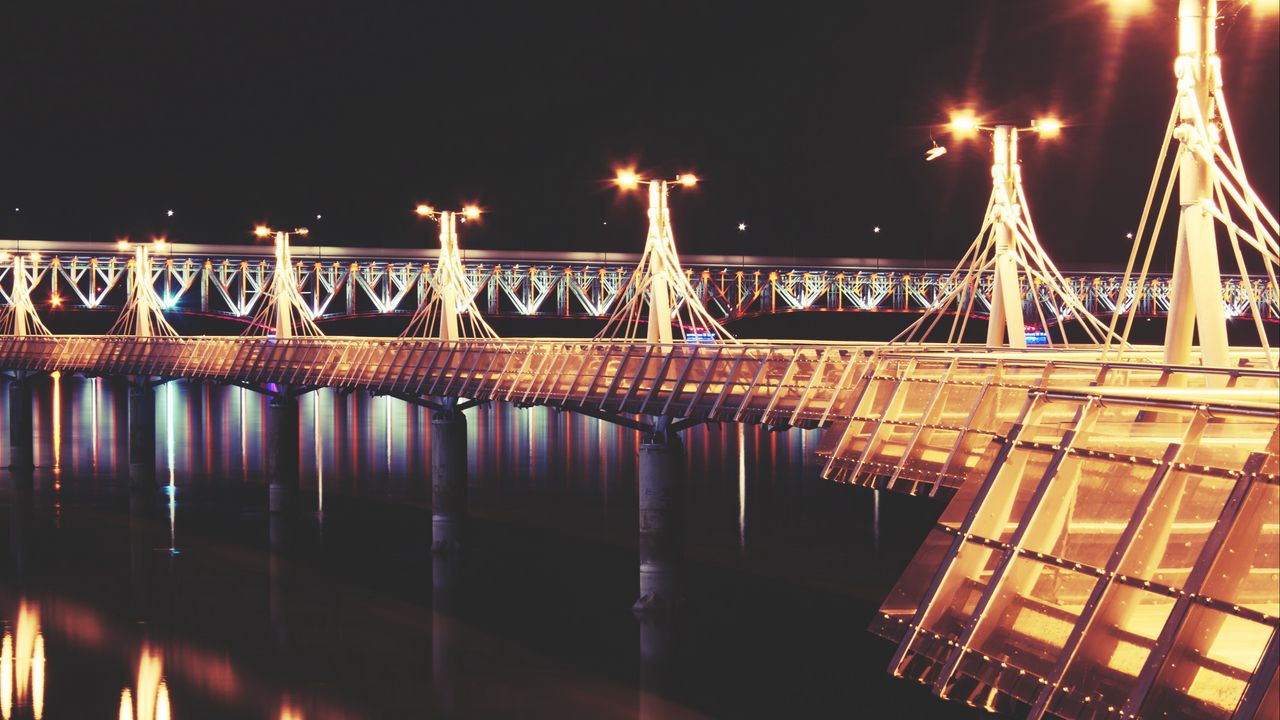 Wallpaper pier, night, lights, bridge