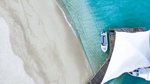 Preview wallpaper pier, ocean, aerial view, boat, beach