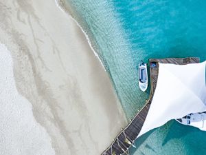 Preview wallpaper pier, ocean, aerial view, boat, beach