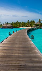 Preview wallpaper pier, ocean, tropics, palm trees