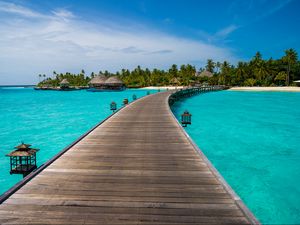 Preview wallpaper pier, ocean, tropics, palm trees