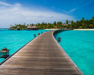 Preview wallpaper pier, ocean, tropics, palm trees