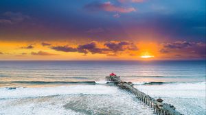 Preview wallpaper pier, ocean, waves, foam, horizon